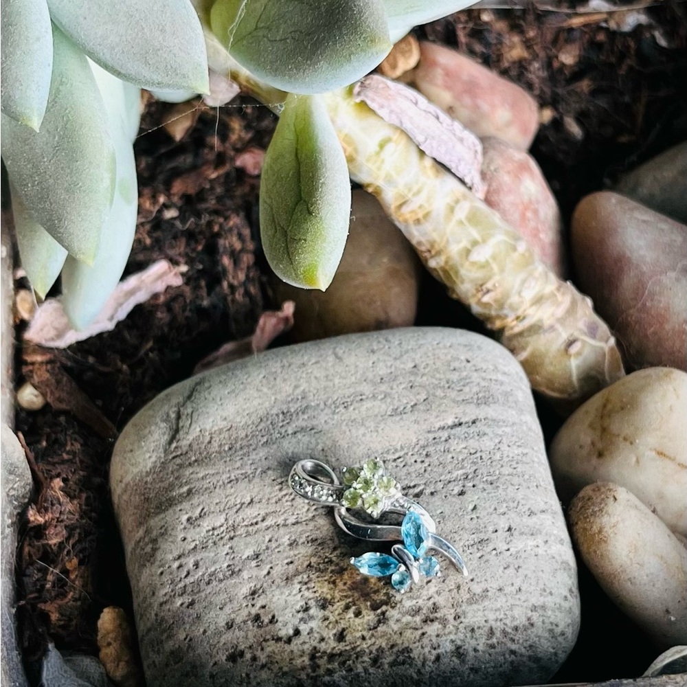 White gold with aquamarine and peridot gemstone butterfly necklace pendant